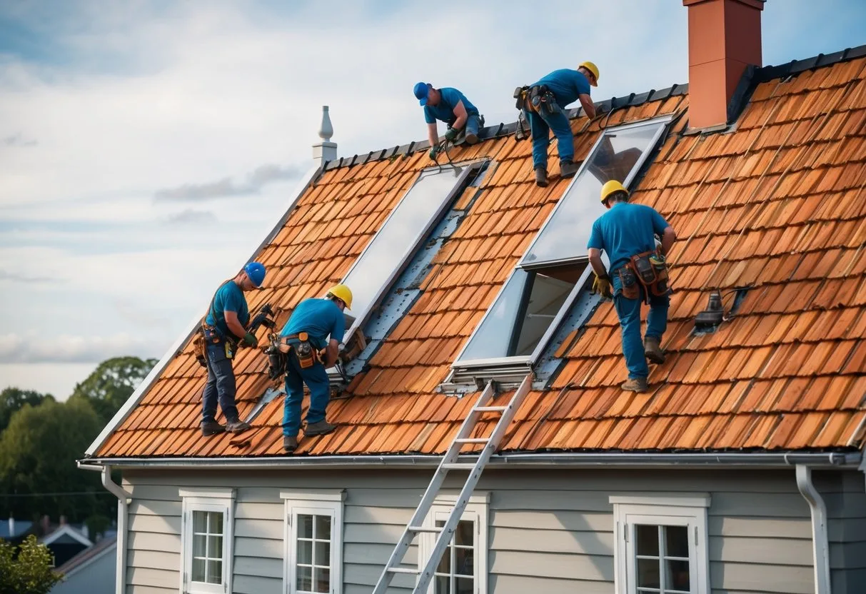 A team of workers repairing a roof on a traditional Danish house in Sjaelland ensuring a successful renovation
